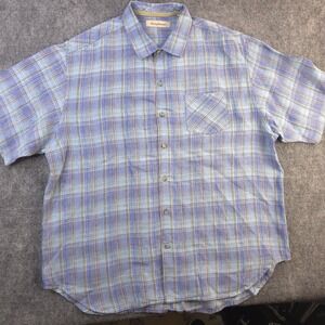 Tommy Bahama Shirt XL Blue Plaid Short Sleeve 100% Linen Button Up Beach